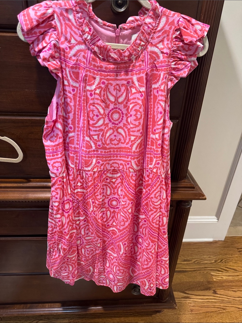 Girls' Pink Patterned Ruffle Sleeve Dress